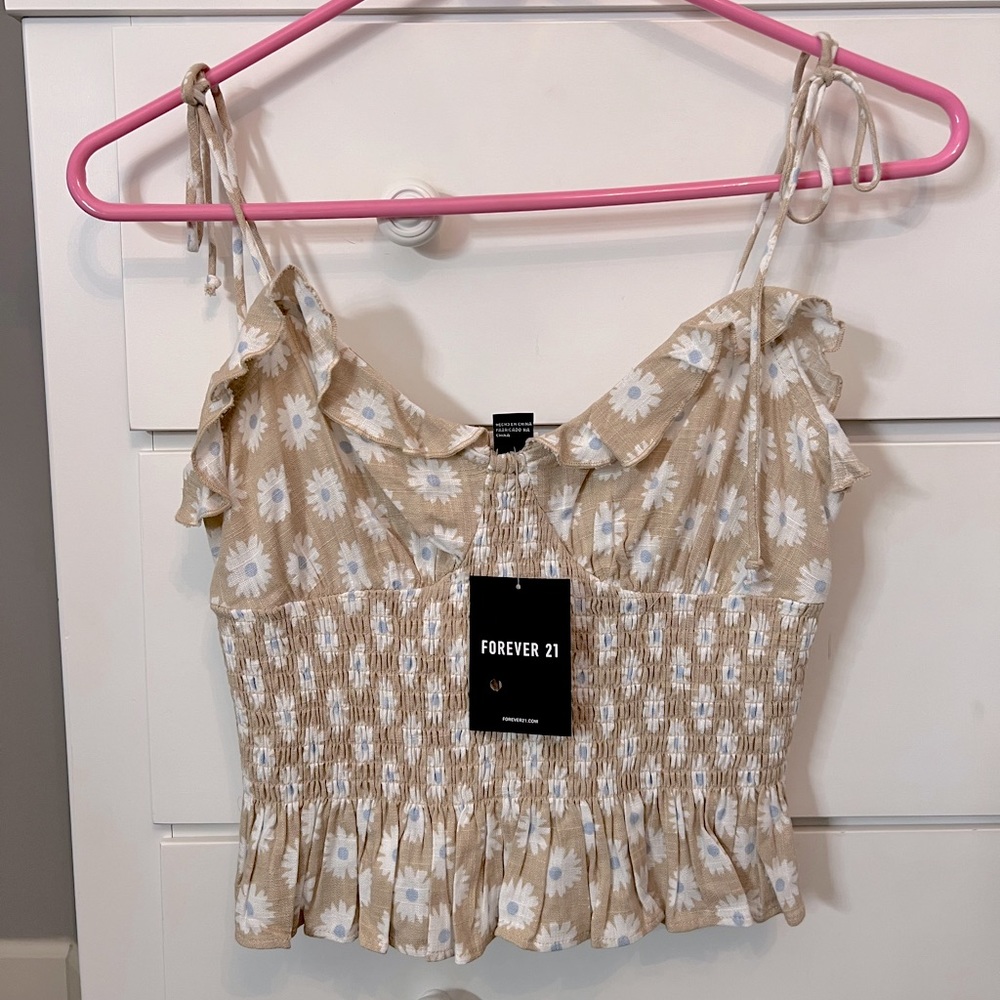 Forever 21 Taupe Floral Spaghetti-Strap Crop Top